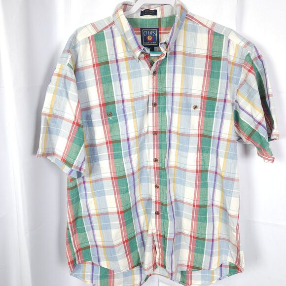 VTG Chaps Ralph Lauren Mens XL Plaid Short Sleeve Cotton Button Down Shirt - Picture 1 of 6
